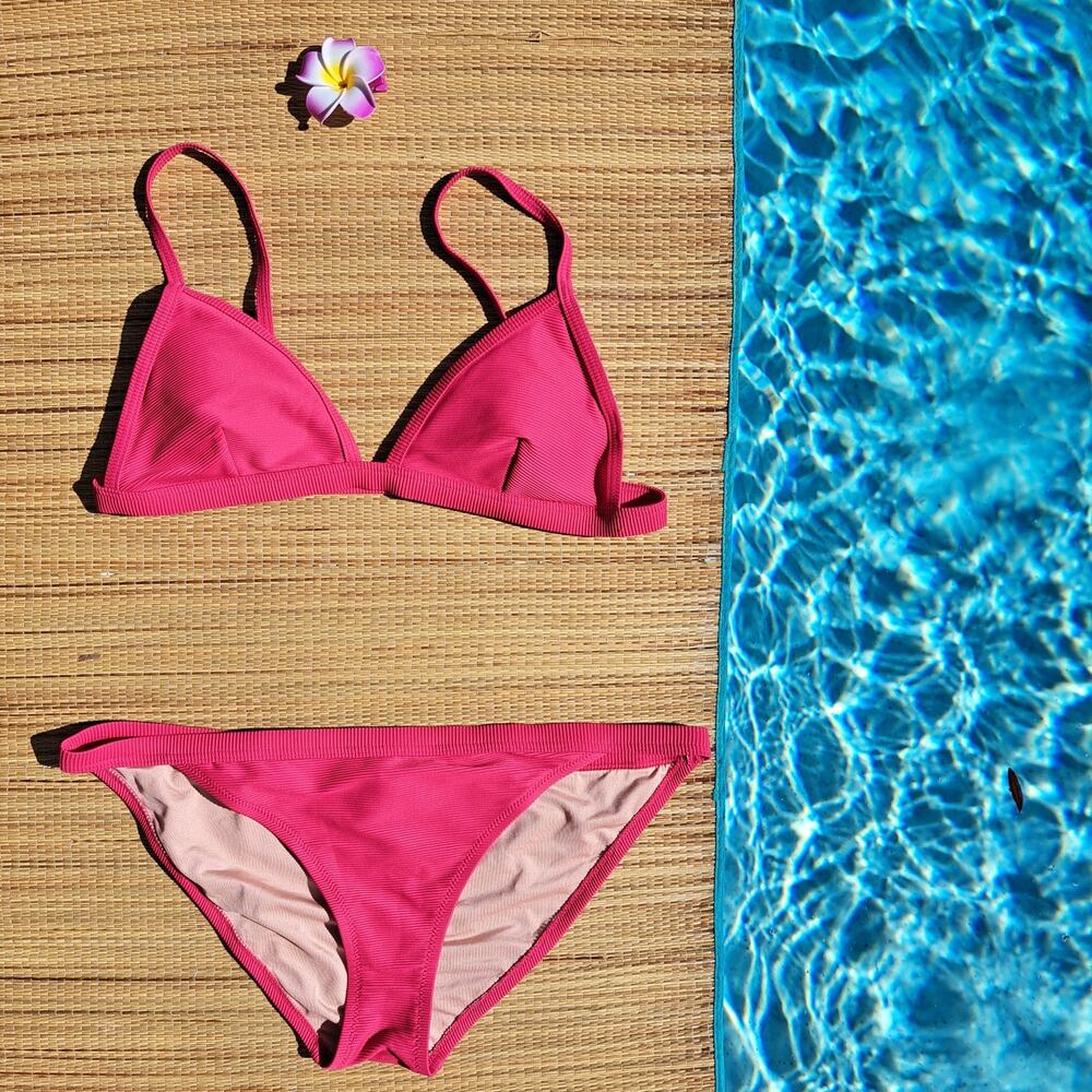 J CREW Fuchsia Pink Bikini Ribbed Triangle Top *Medium* Hipster Bottom *Large*